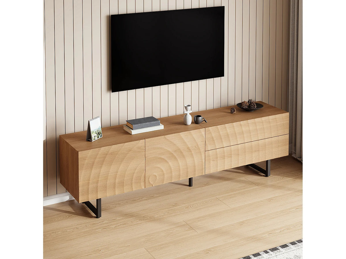 Meuble TV Japandi 2 portes et 2 tiroirs façade ondulée effet bois naturel 180 x 51,5 cm