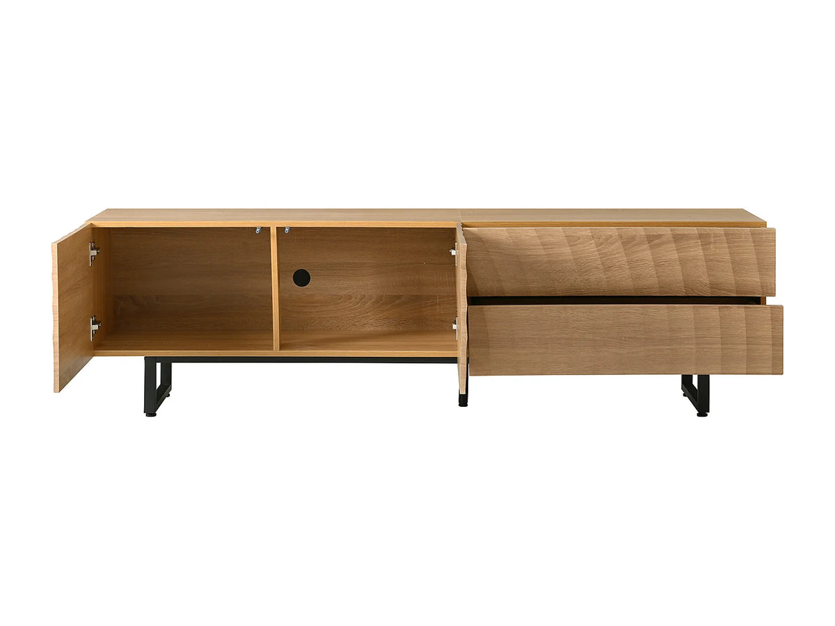 Meuble TV Japandi 2 portes et 2 tiroirs façade ondulée effet bois naturel 180 x 51,5 cm