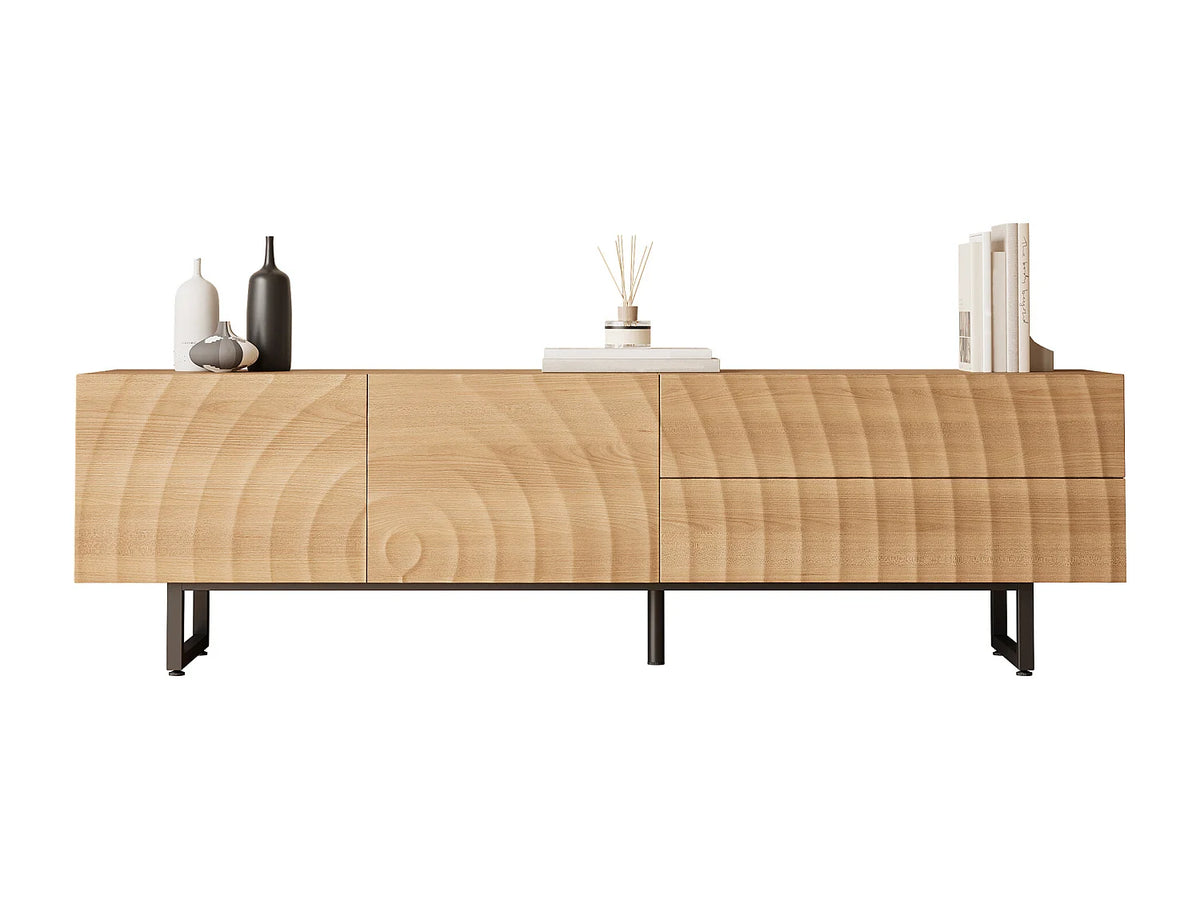 Meuble TV Japandi 2 portes et 2 tiroirs façade ondulée effet bois naturel 180 x 51,5 cm