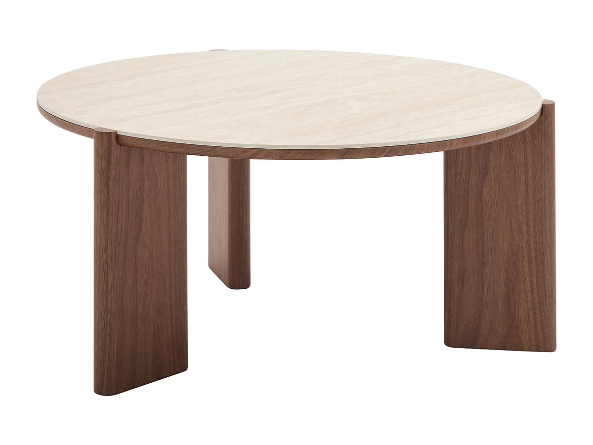 Table basse Japandi ronde en céramique effet travertin et placage noyer 85 x 80 cm - Munyra