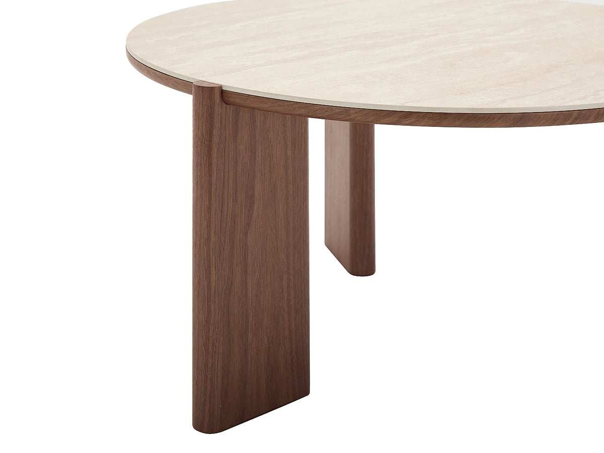Table basse Japandi ronde en céramique effet travertin et placage noyer 85 x 80 cm - Munyra