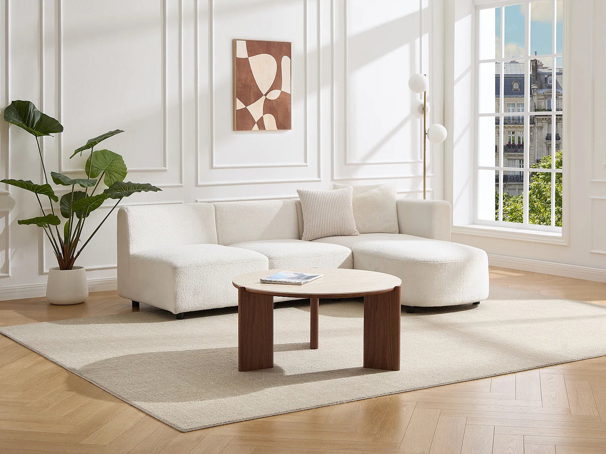 Table basse Japandi ronde en céramique effet travertin et placage noyer 85 x 80 cm - Munyra