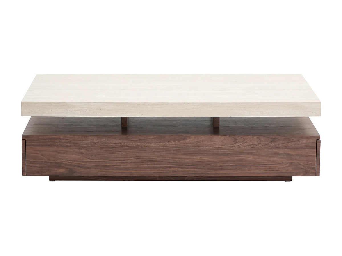 Table basse Japandi avec 2 tiroirs en MDF effet travertin et naturel foncé 120 x 60 cm - Felix