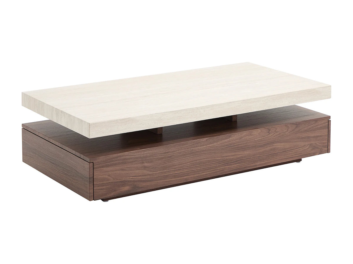 Table basse Japandi avec 2 tiroirs en MDF effet travertin et naturel foncé 120 x 60 cm - Felix