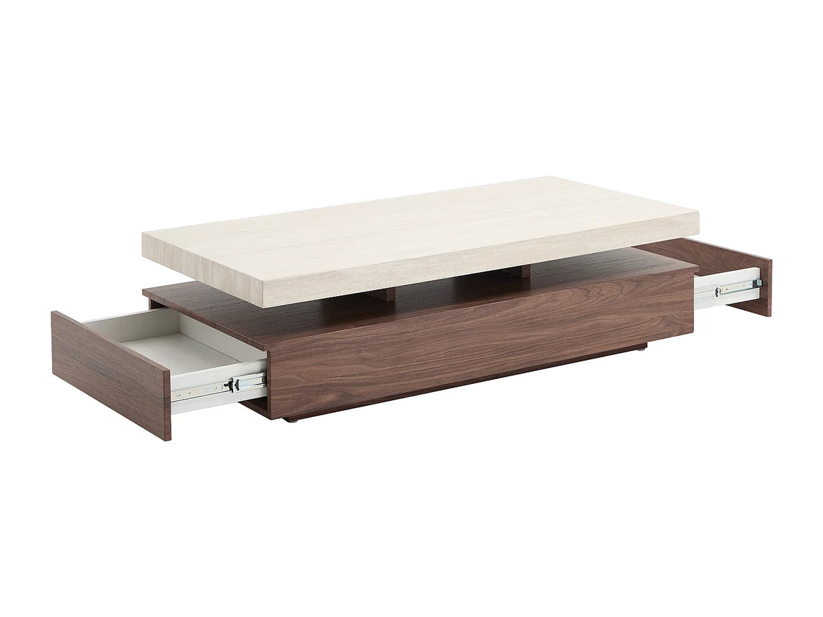 Table basse Japandi avec 2 tiroirs en MDF effet travertin et naturel foncé 120 x 60 cm - Felix