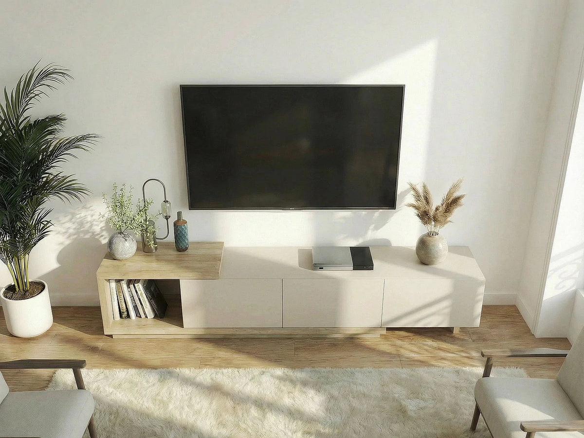 Meuble TV Japandi 3 tiroirs et 1 niche beige et naturel clair 200 x 40 cm - Dukian
