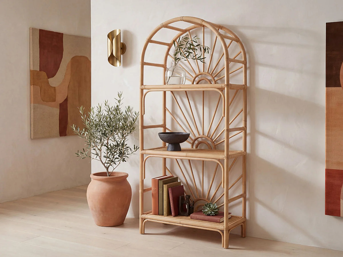 Étagère Japandi 3 tablettes en rotin tressé naturel 73 x 160 cm - Nemeri