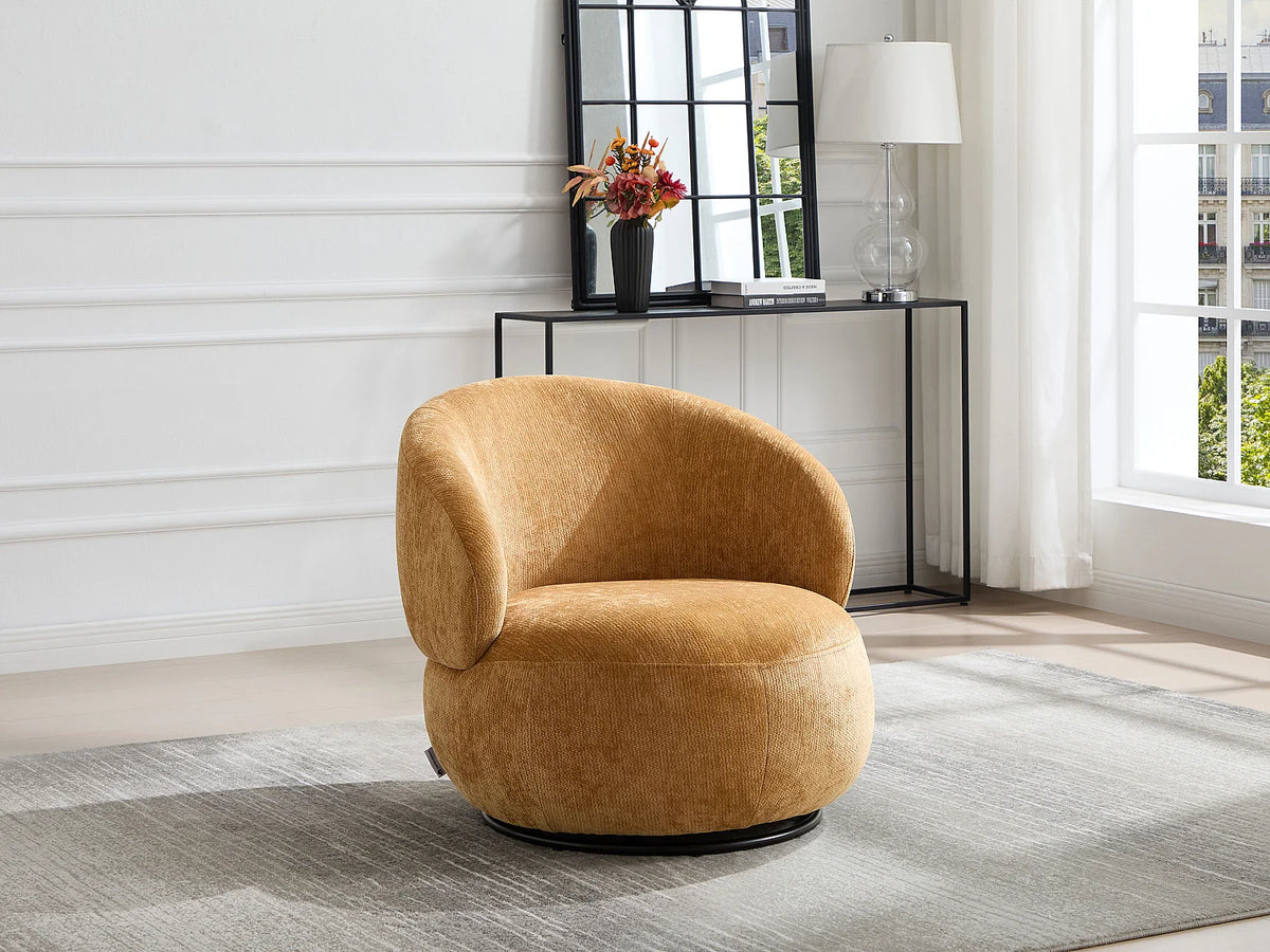 Fauteuil Japandi pivotant rond en tissu texturé jaune moutarde - Lacazo