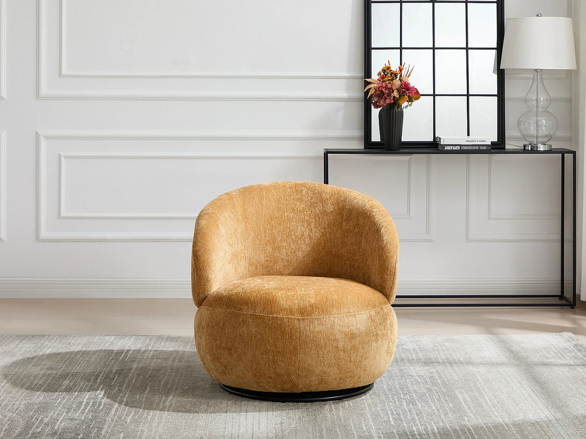 Fauteuil Japandi pivotant rond en tissu texturé jaune moutarde - Lacazo