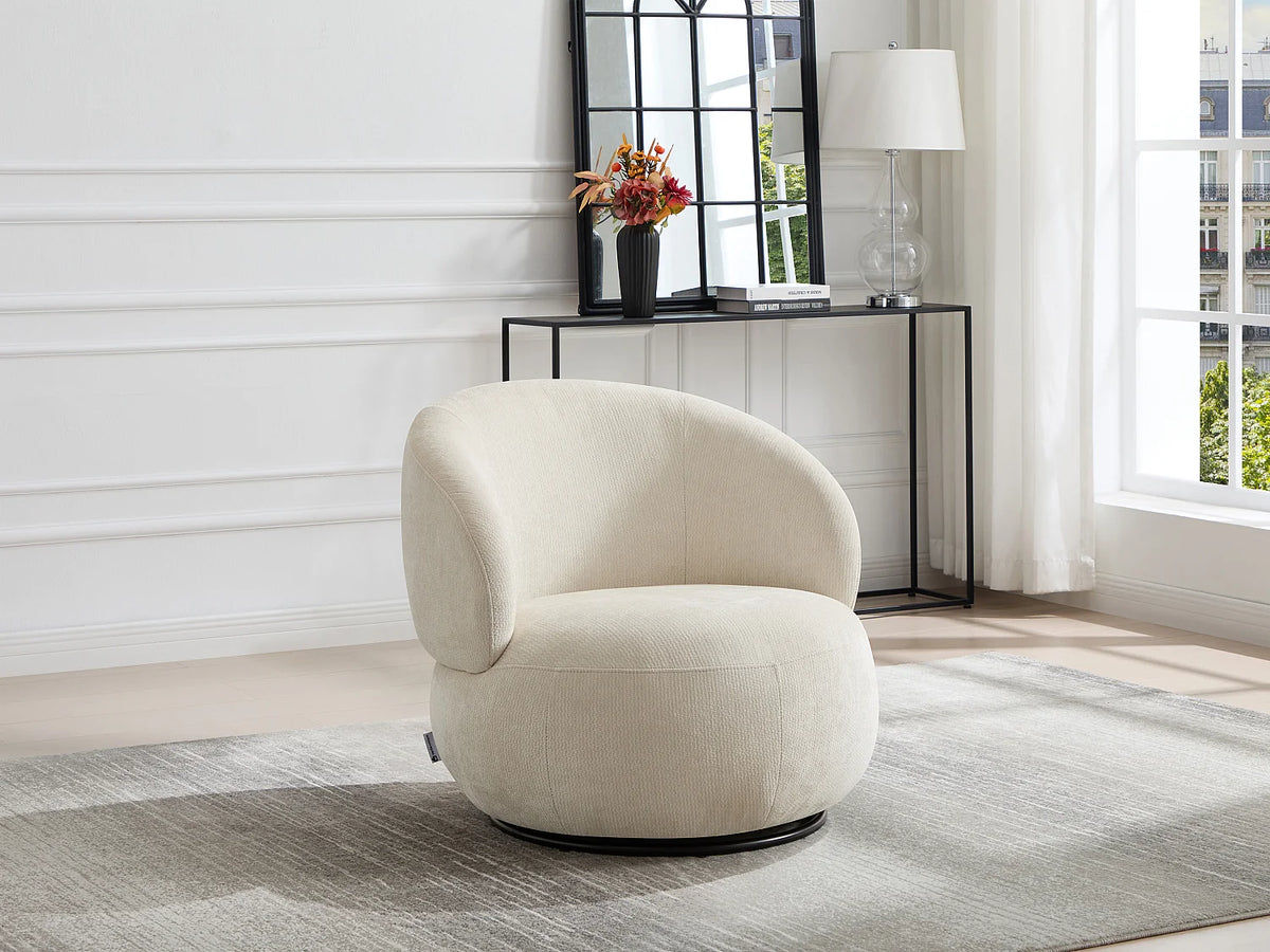 Fauteuil Japandi pivotant rond en tissu texturé beige - Lacazo