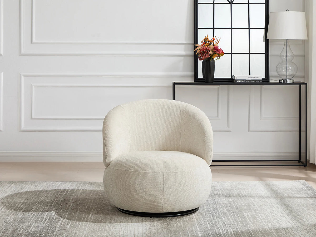 Fauteuil Japandi pivotant rond en tissu texturé beige - Lacazo