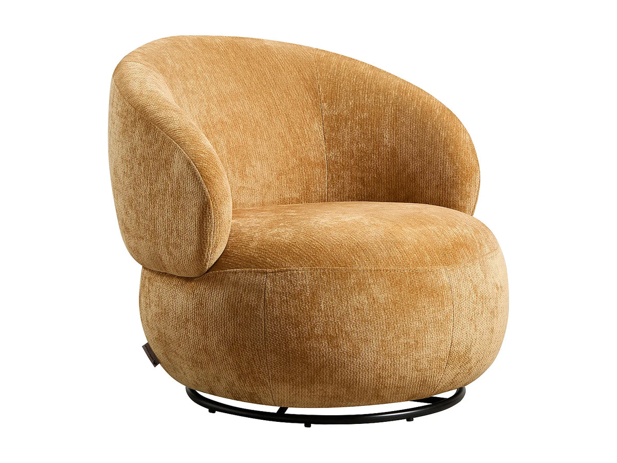 Fauteuil Japandi pivotant rond en tissu texturé jaune moutarde - Lacazo