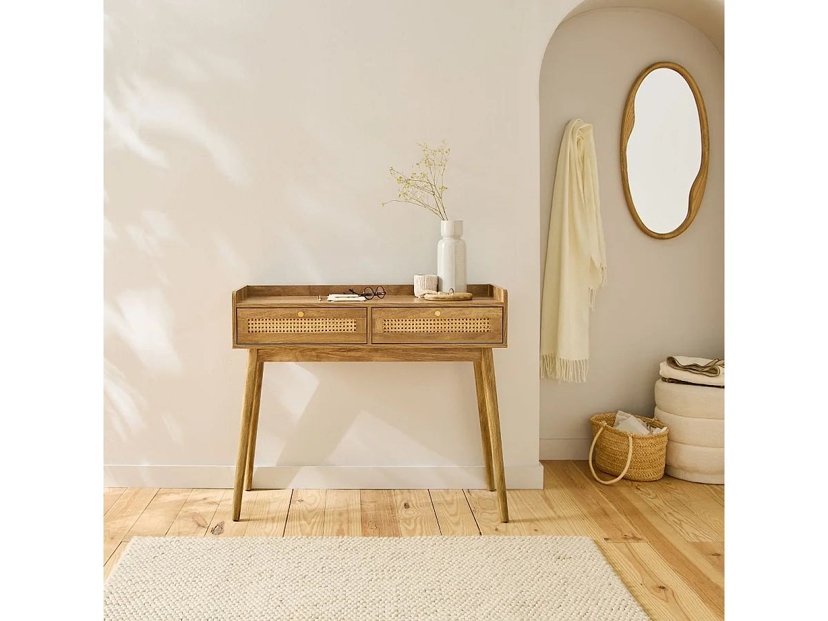 Console Japandi 2 tiroirs en rotin et bois naturel 100 x 85 cm - Palmo