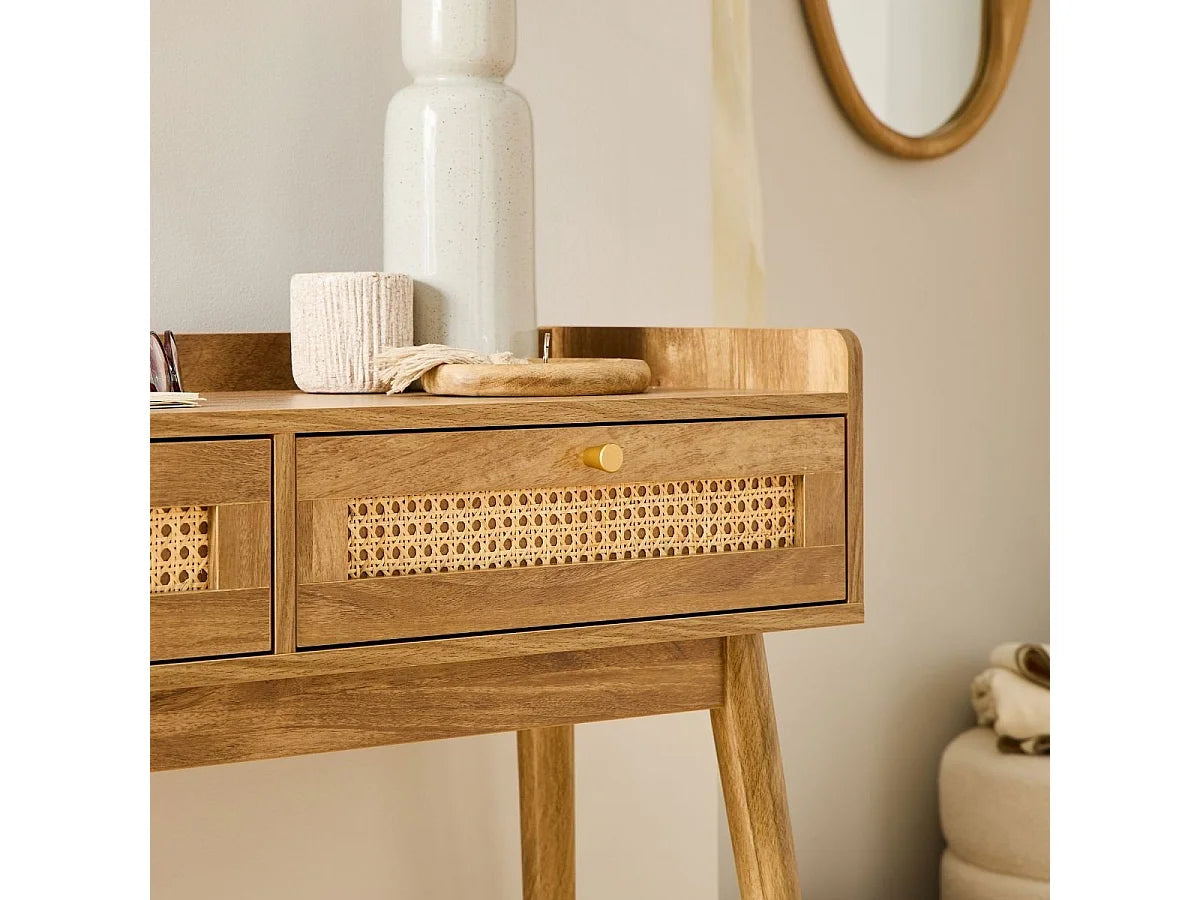 Console Japandi 2 tiroirs en rotin et bois naturel 100 x 85 cm - Palmo