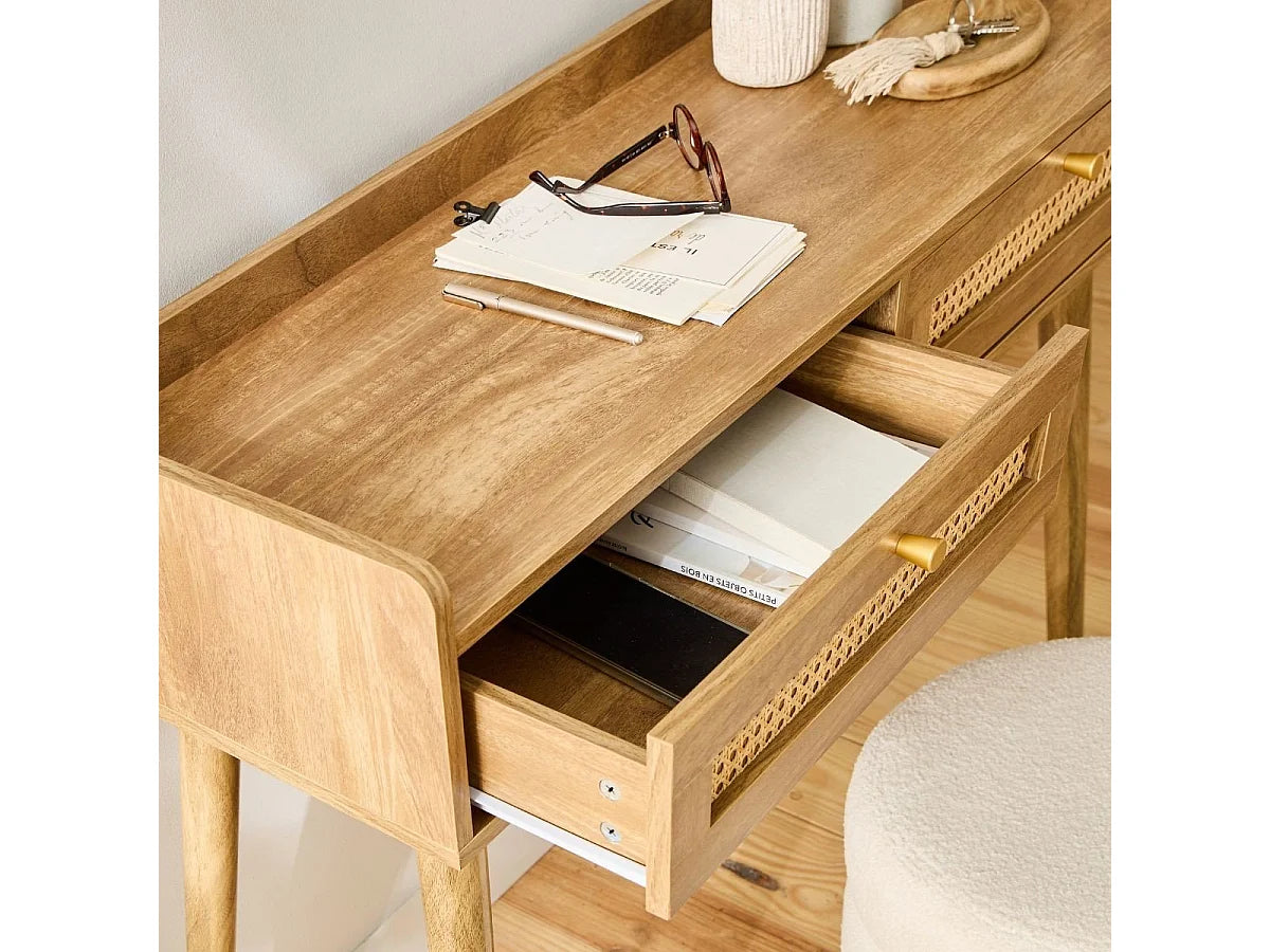 Console Japandi 2 tiroirs en rotin et bois naturel 100 x 85 cm - Palmo