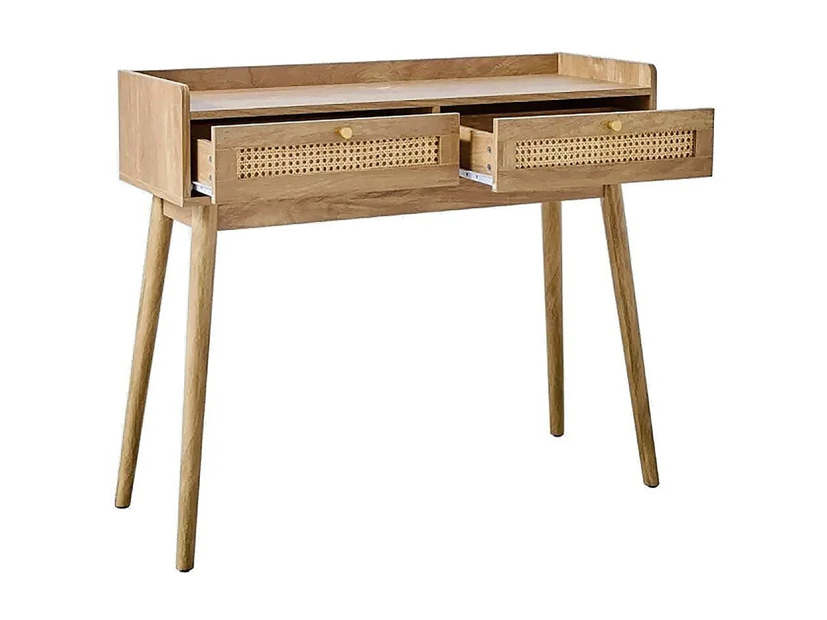 Console Japandi 2 tiroirs en rotin et bois naturel 100 x 85 cm - Palmo