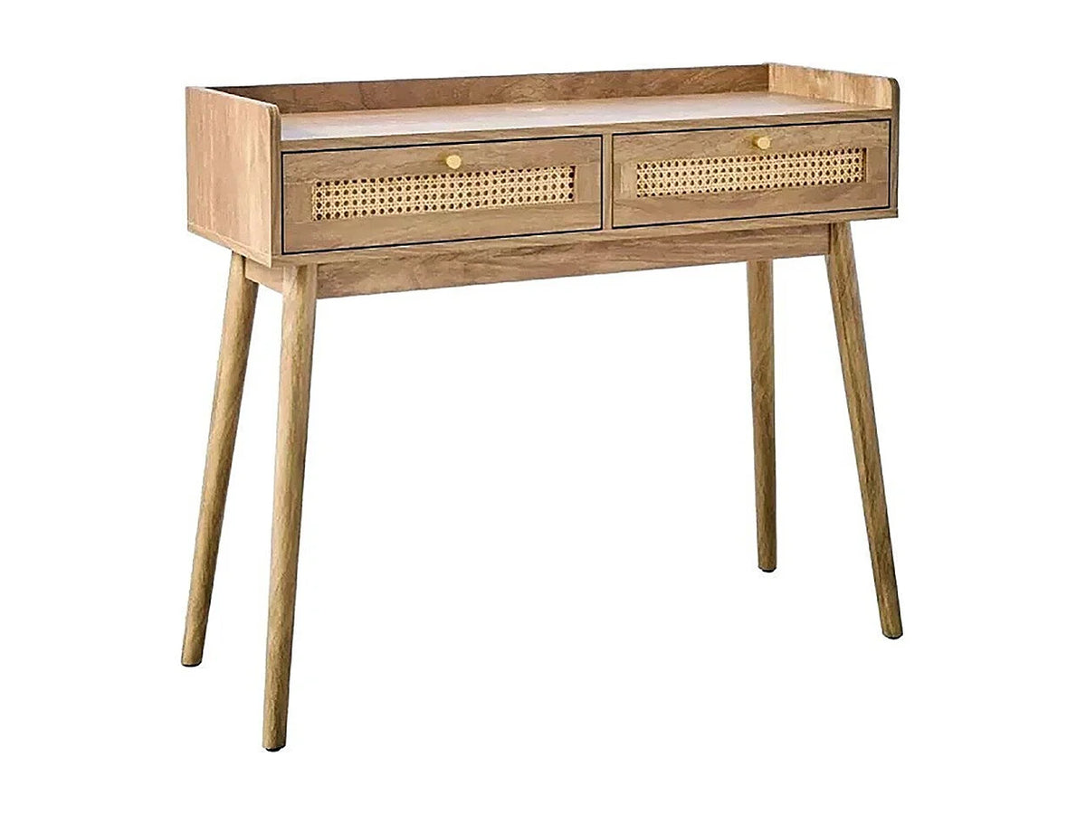 Console Japandi 2 tiroirs en rotin et bois naturel 100 x 85 cm - Palmo
