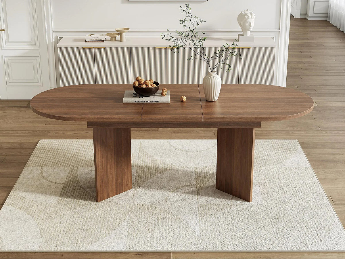 Table à manger ovale Japandi extensible 6 à 8 personnes en MDF marron 140 x 90 cm