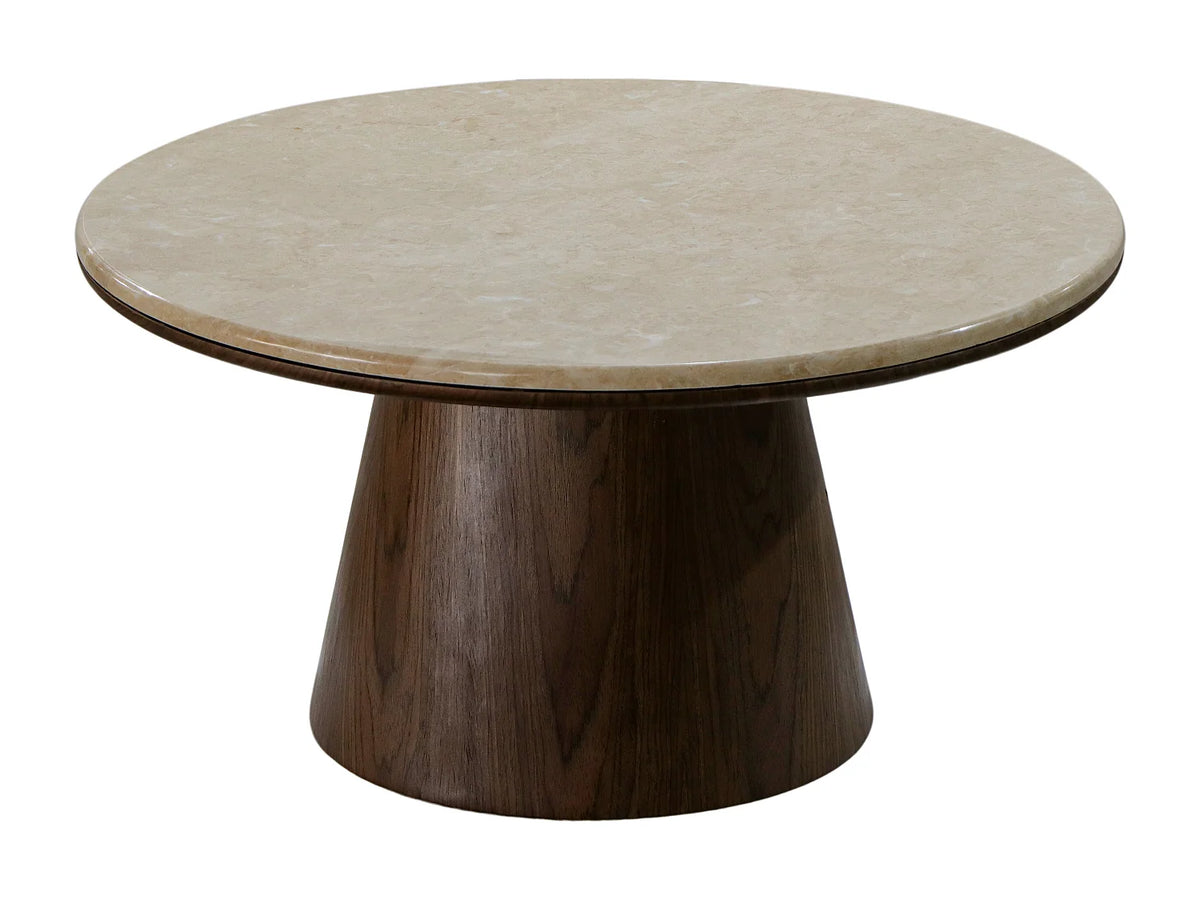 Table basse Japandi ronde en marbre beige et placage noyer Ø 80 cm - Sadura