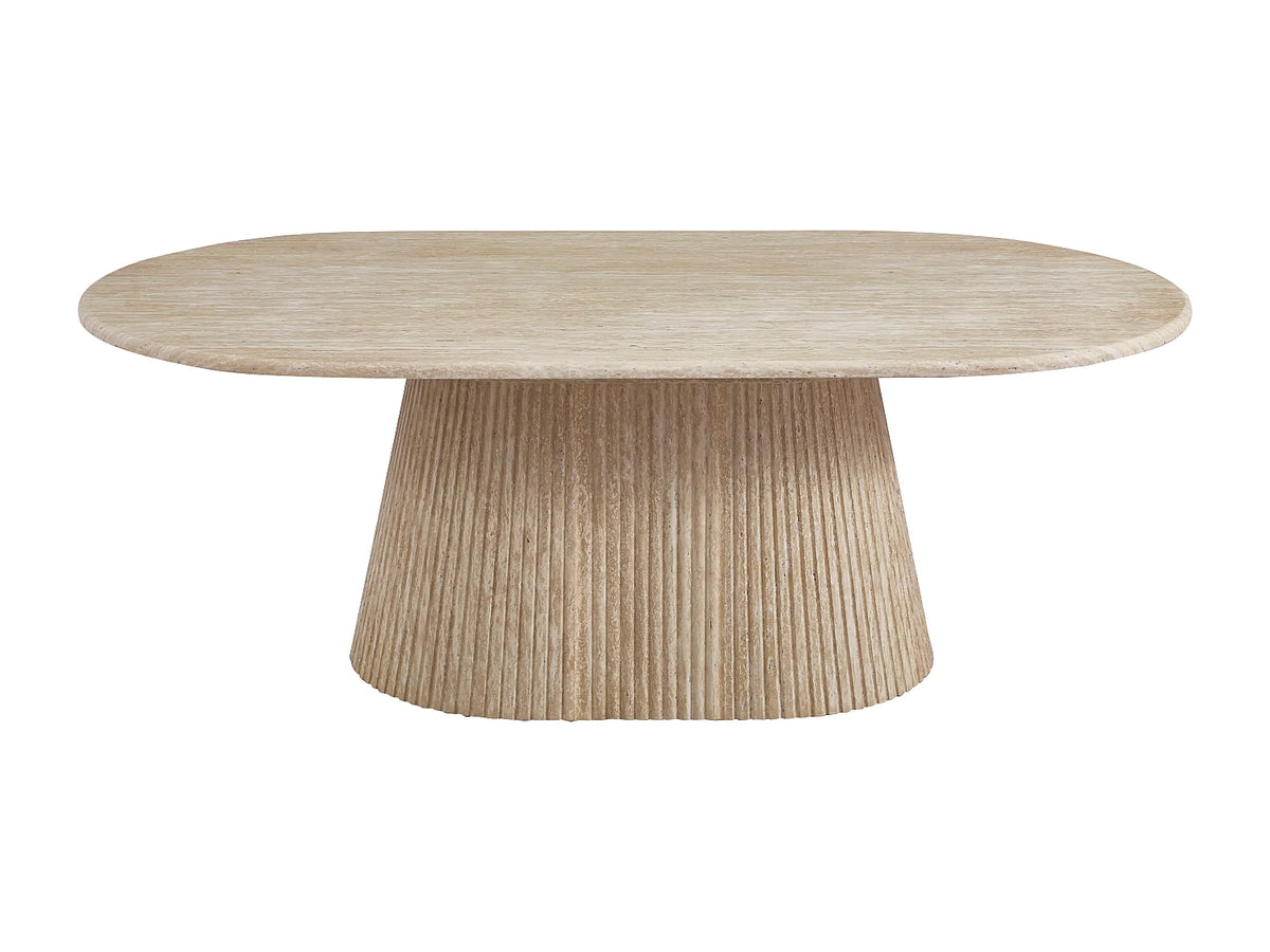 Table basse Japandi ovale en marbre artificiel effet travertin beige 120 x 70 cm - Tifuli