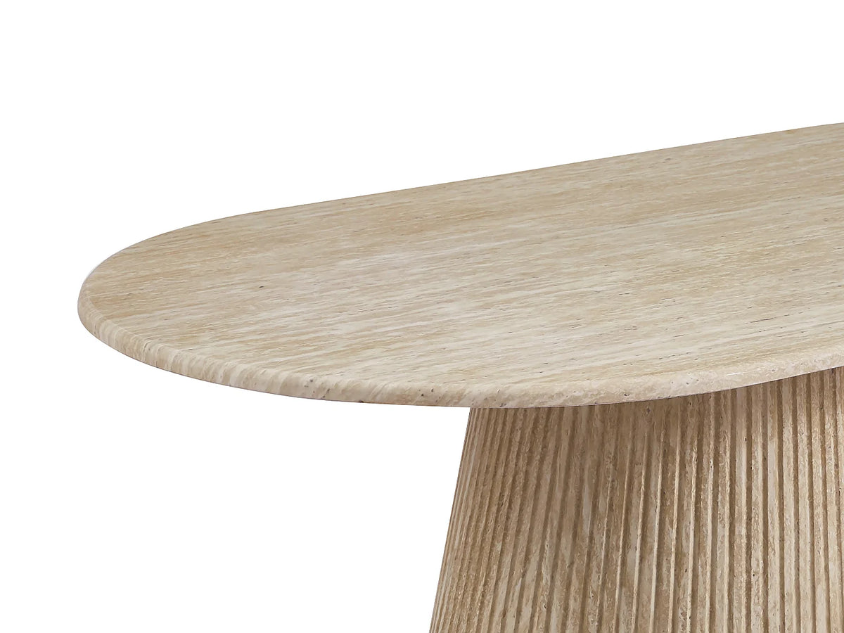 Table basse Japandi ovale en marbre artificiel effet travertin beige 120 x 70 cm - Tifuli