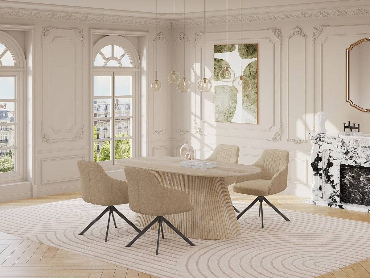 Table à manger ovale Japandi 8 personnes marbre artificiel travertin beige 200 x 100 cm - Tifuli
