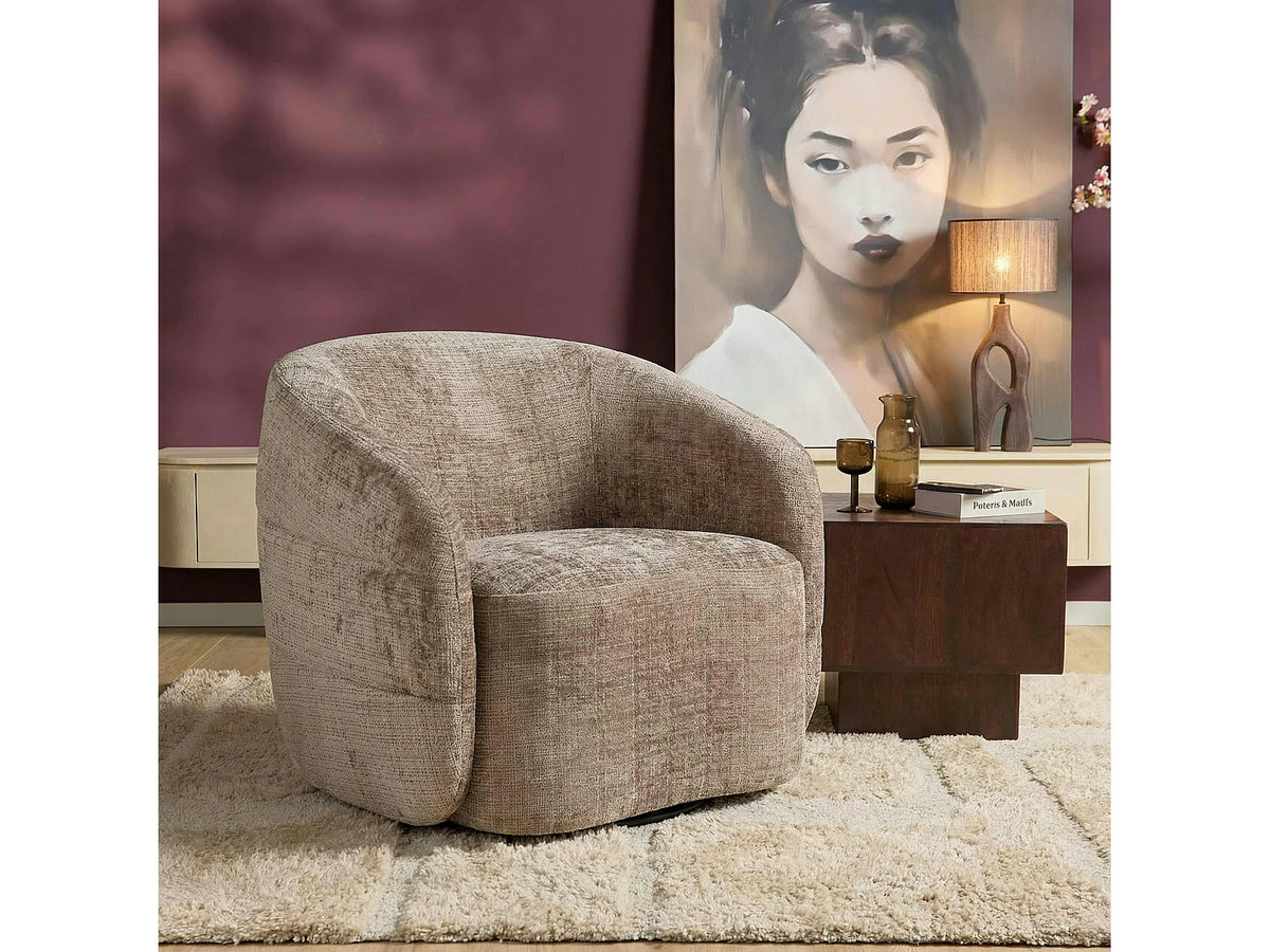Fauteuil Japandi pivotant en tissu chenille marron - Belora