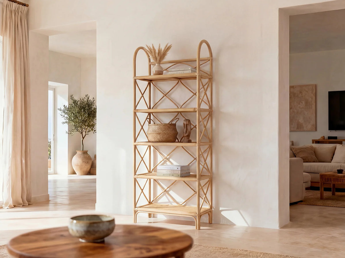 Étagère Japandi 5 tablettes en rotin et bambou naturel 74 x 180 cm - Zaryno