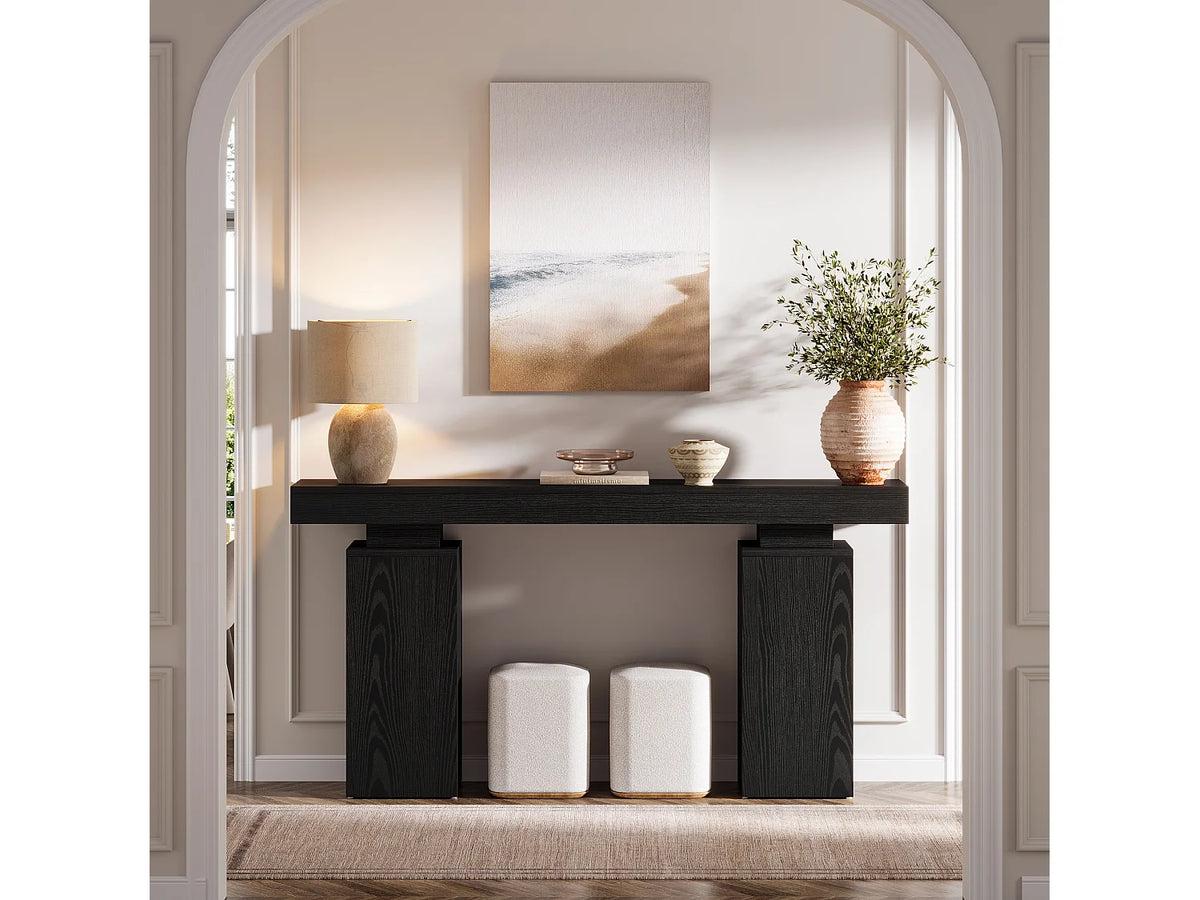Console Japandi longue 2 pieds carrés en MDF effet bois noir 160 x 85 cm