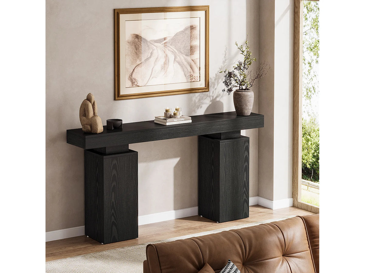 Console Japandi longue 2 pieds carrés en MDF effet bois noir 160 x 85 cm