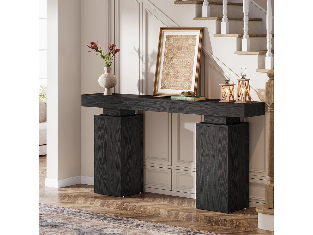 Console Japandi longue 2 pieds carrés en MDF effet bois noir 160 x 85 cm