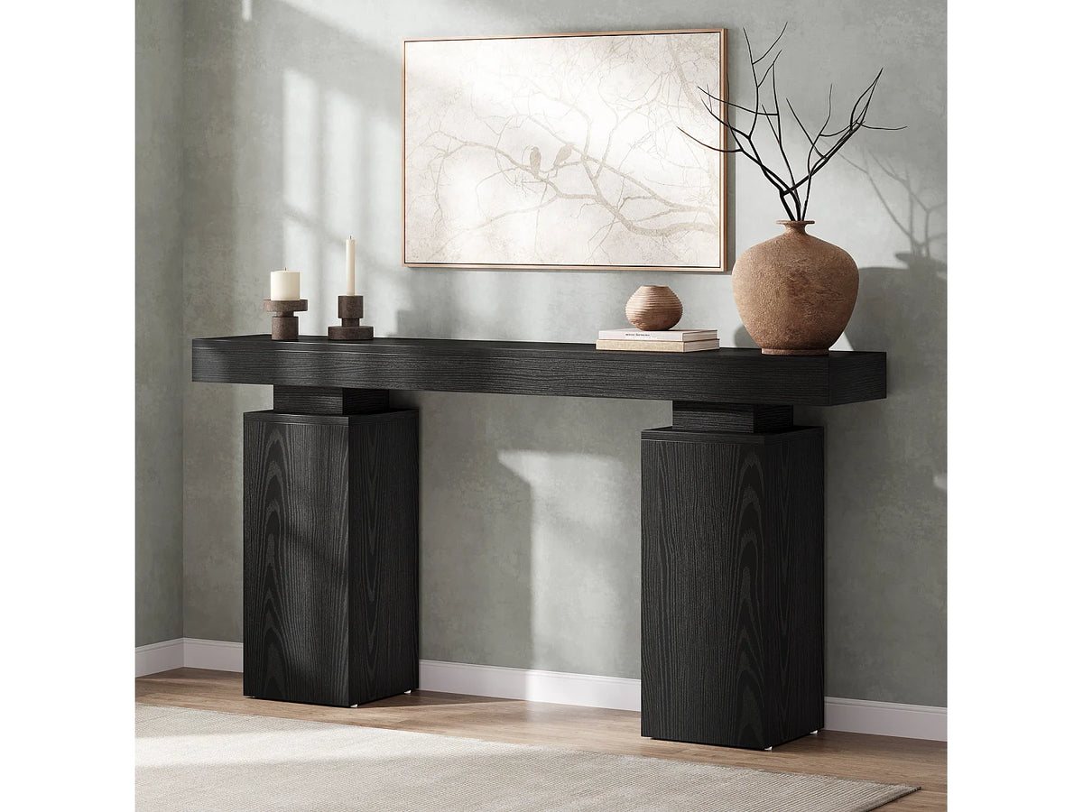 Console Japandi longue 2 pieds carrés en MDF effet bois noir 160 x 85 cm
