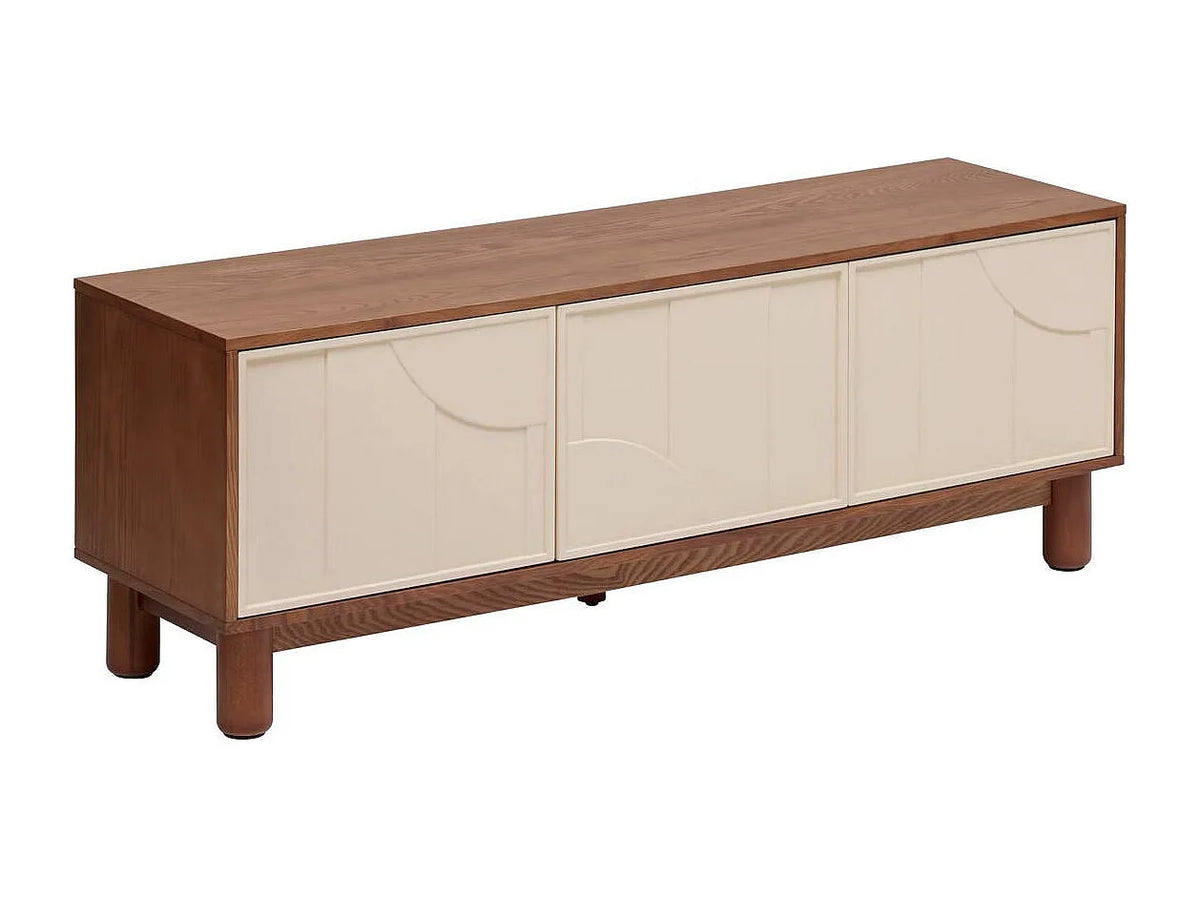 Meuble TV Japandi 2 portes et 1 tiroir façades géométriques effet noyer 140 x 50,5 cm - Jilani