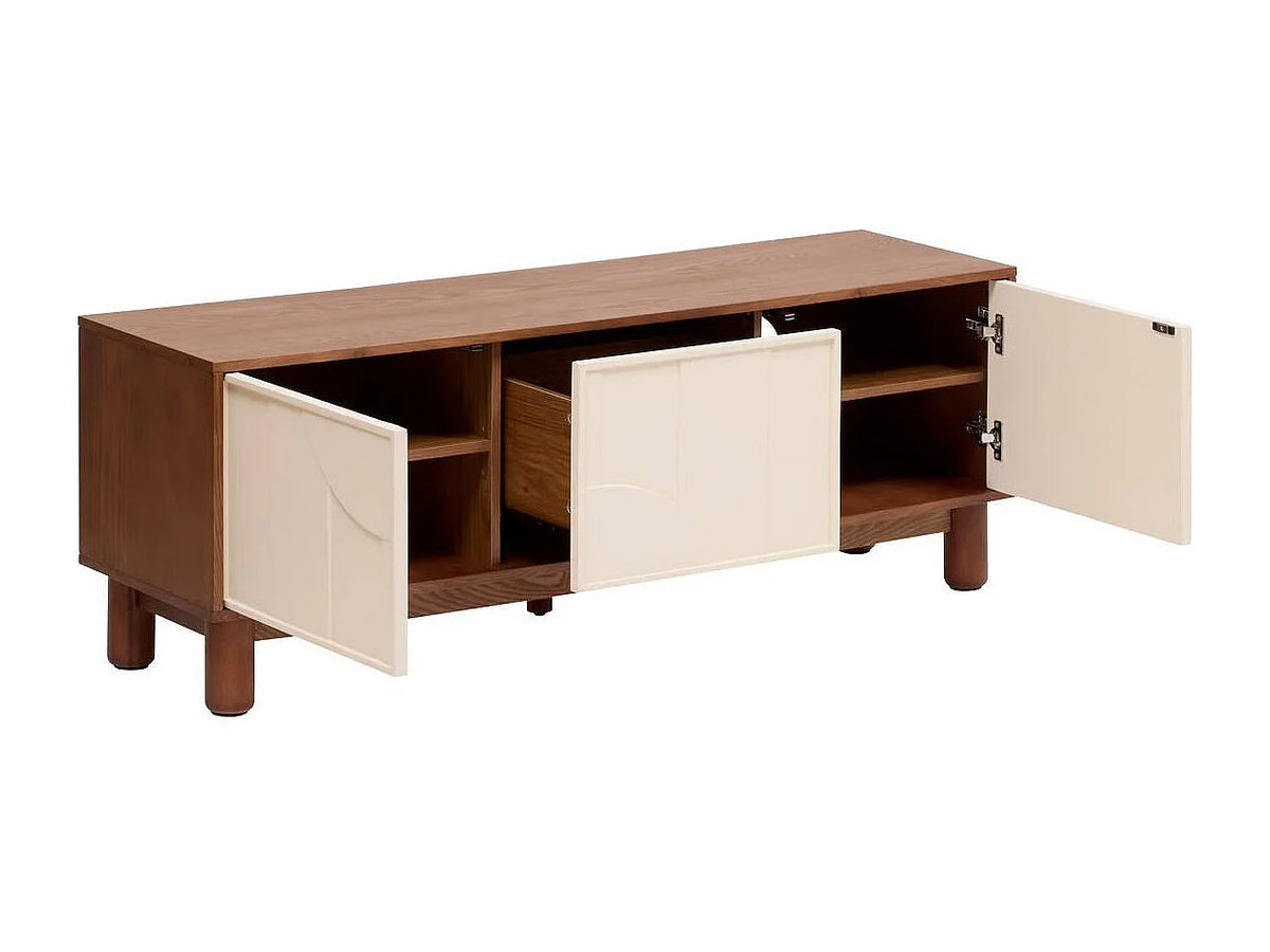 Meuble TV Japandi 2 portes et 1 tiroir façades géométriques effet noyer 140 x 50,5 cm - Jilani