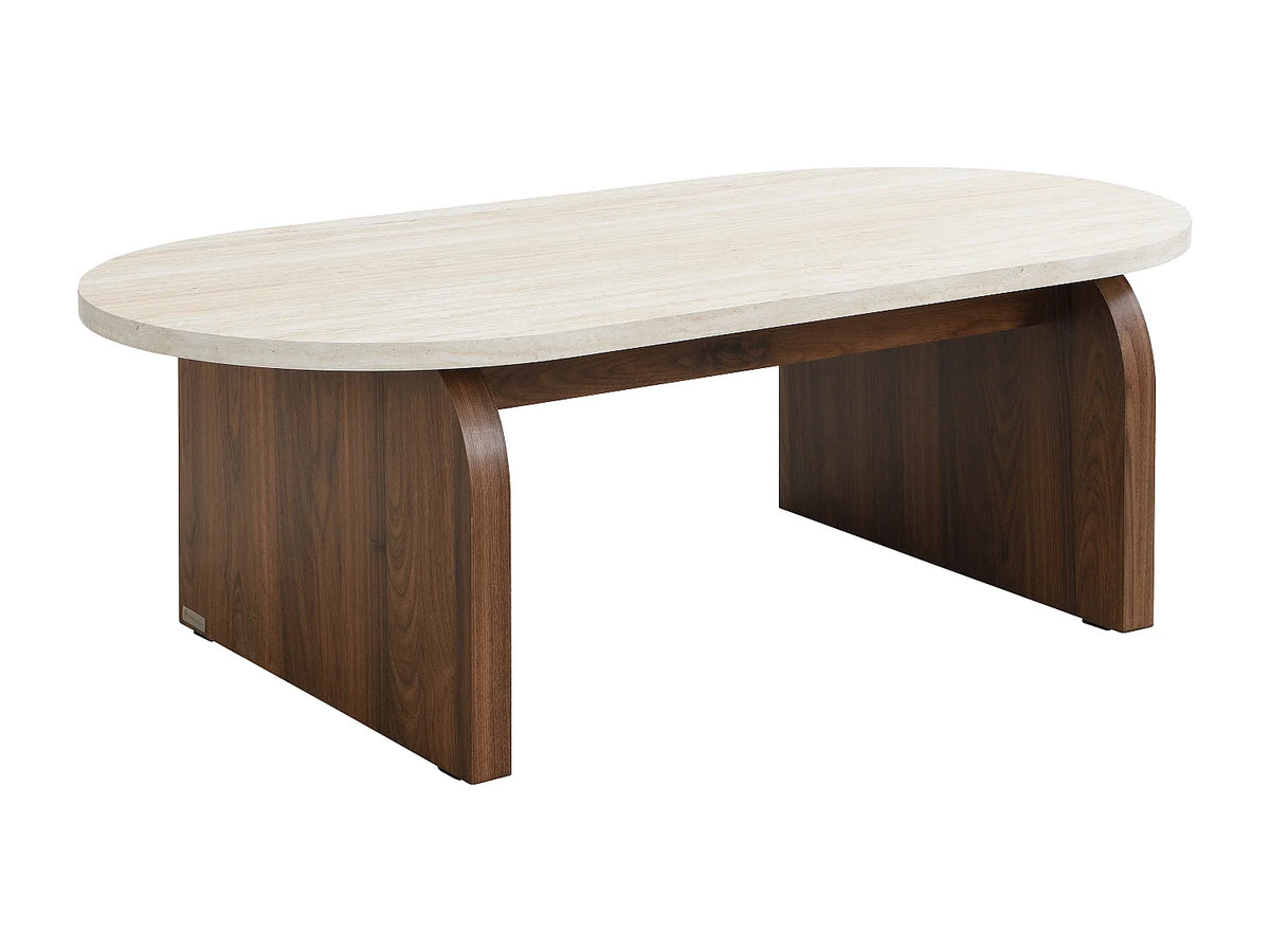 Table basse Japandi ovale en MDF effet travertin beige et naturel foncé 120 x 60 cm - Elrada