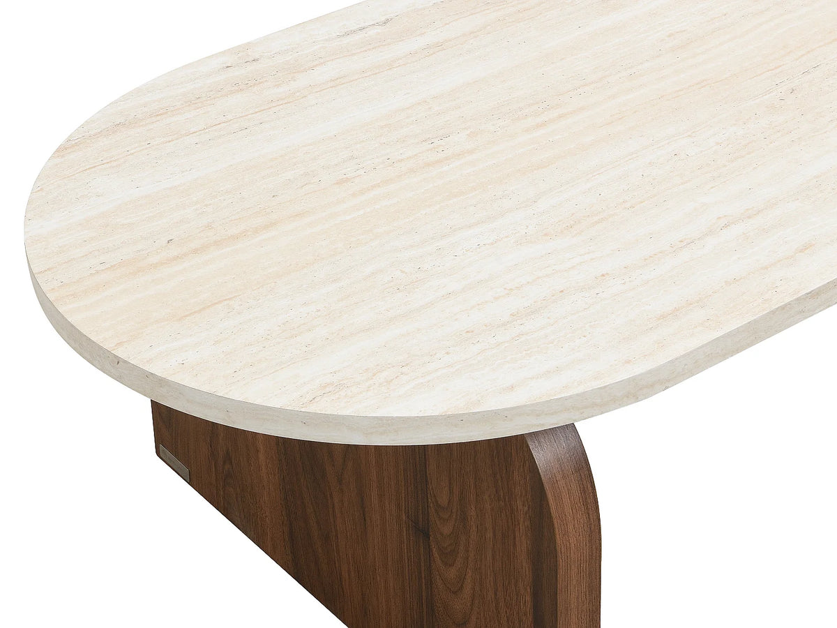 Table basse Japandi ovale en MDF effet travertin beige et naturel foncé 120 x 60 cm - Elrada