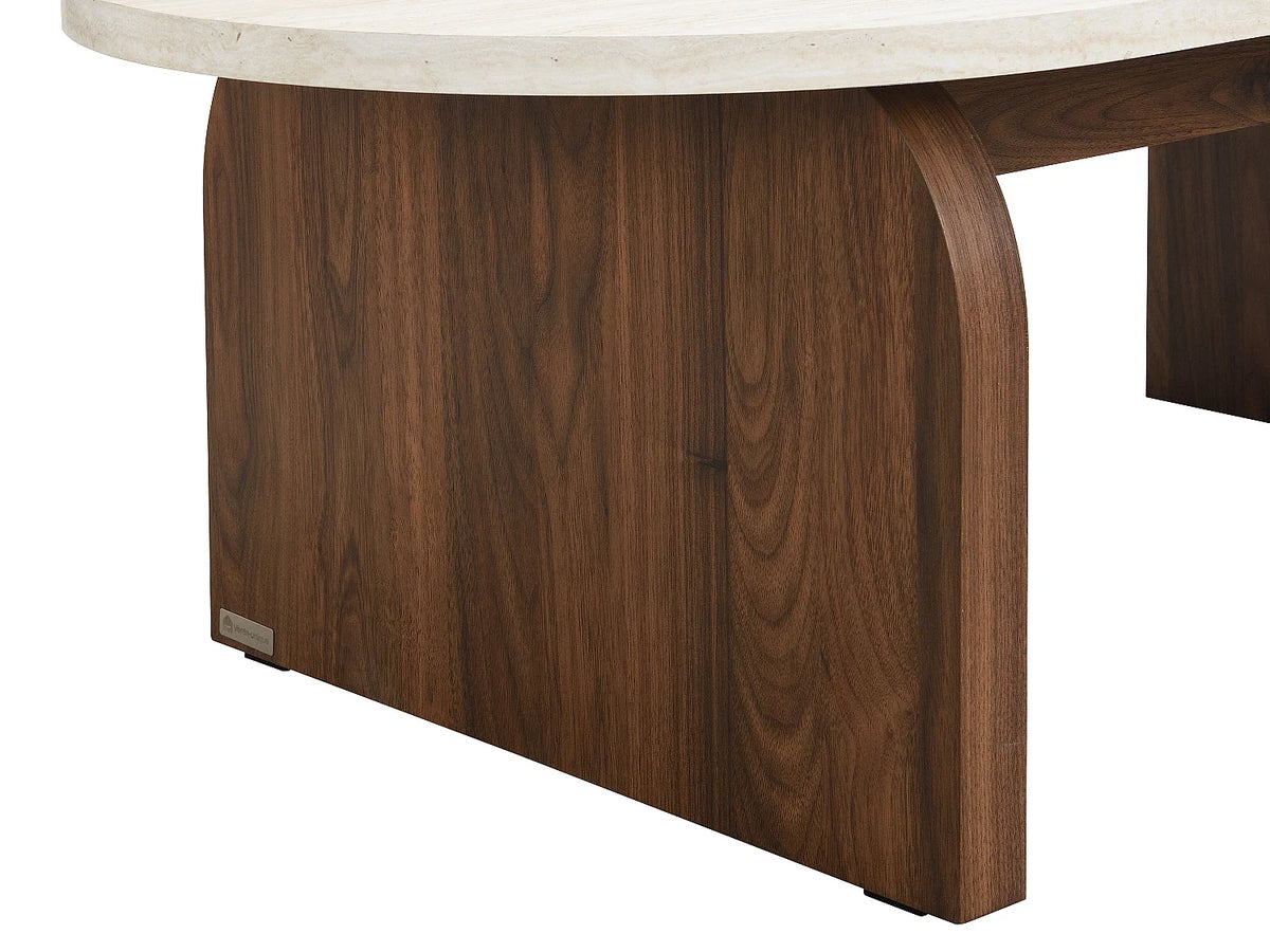 Table basse Japandi ovale en MDF effet travertin beige et naturel foncé 120 x 60 cm - Elrada