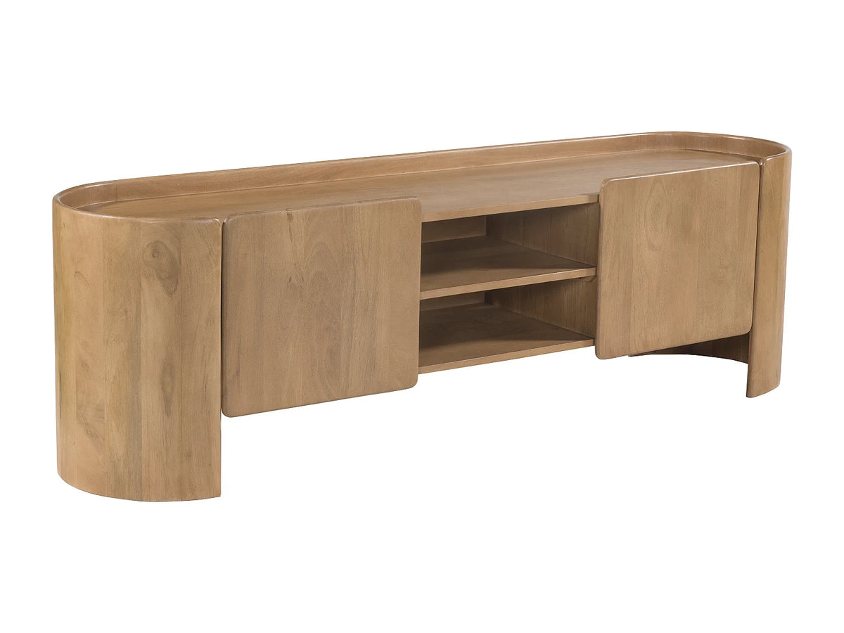 Meuble TV Japandi 2 portes et 2 niches en bois de manguier massif naturel 165 x 50 cm - Islara