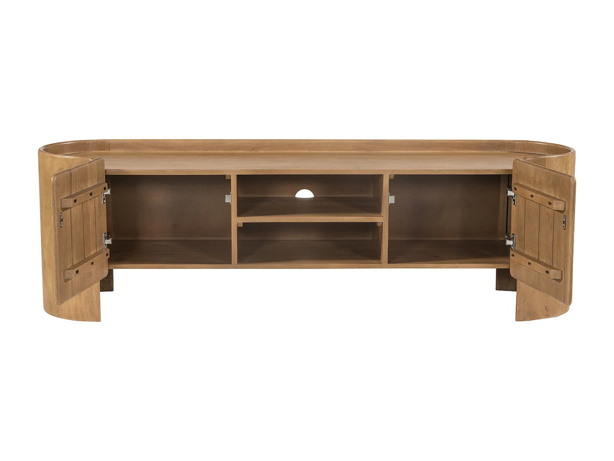 Meuble TV Japandi 2 portes et 2 niches en bois de manguier massif naturel 165 x 50 cm - Islara