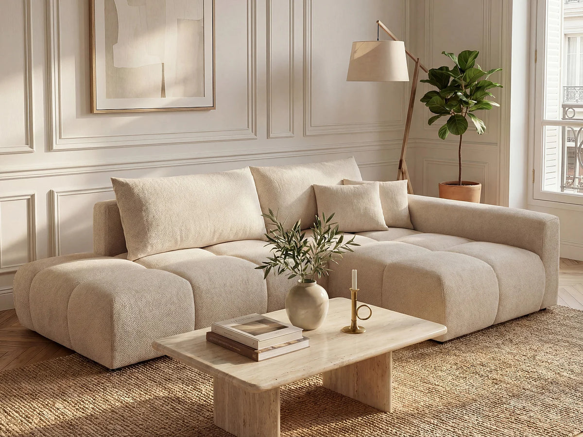 Canapé d'angle Japandi droit ouvert convertible avec coffre en tissu texturé beige 282 cm - Minturno