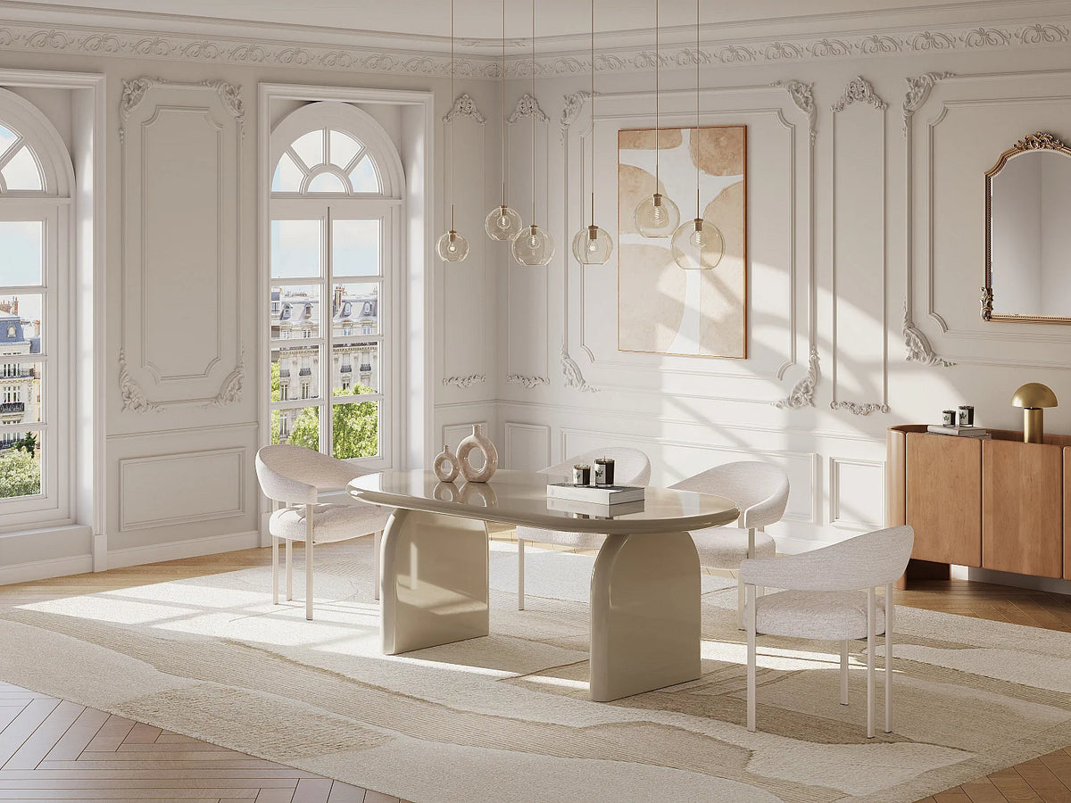 Table à manger ovale Japandi 8 personnes en MDF laqué beige brillant 200 x 100 cm - Felyria