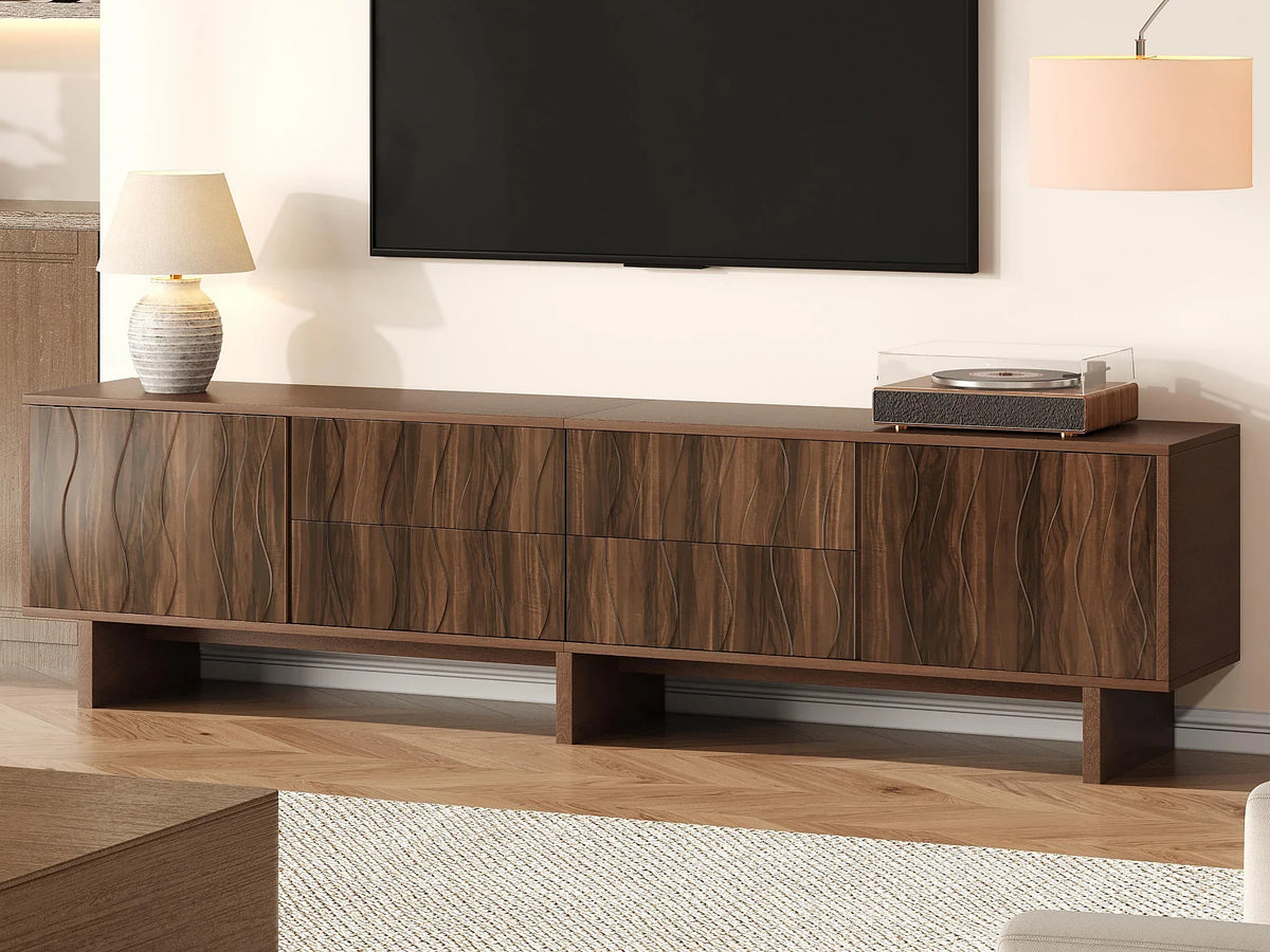 Meuble TV Japandi 4 tiroirs et 2 portes design ondulé effet noyer foncé 180 x 56 cm