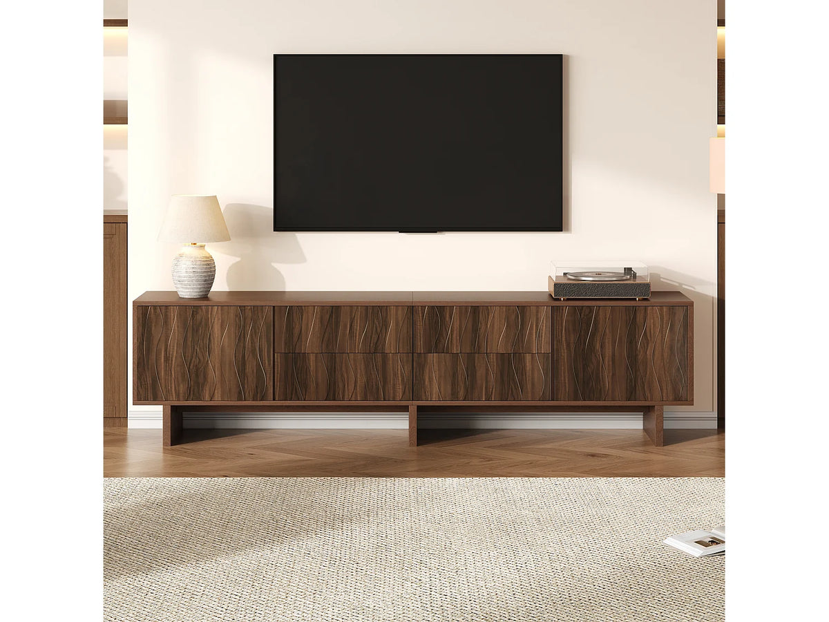 Meuble TV Japandi 4 tiroirs et 2 portes design ondulé effet noyer foncé 180 x 56 cm