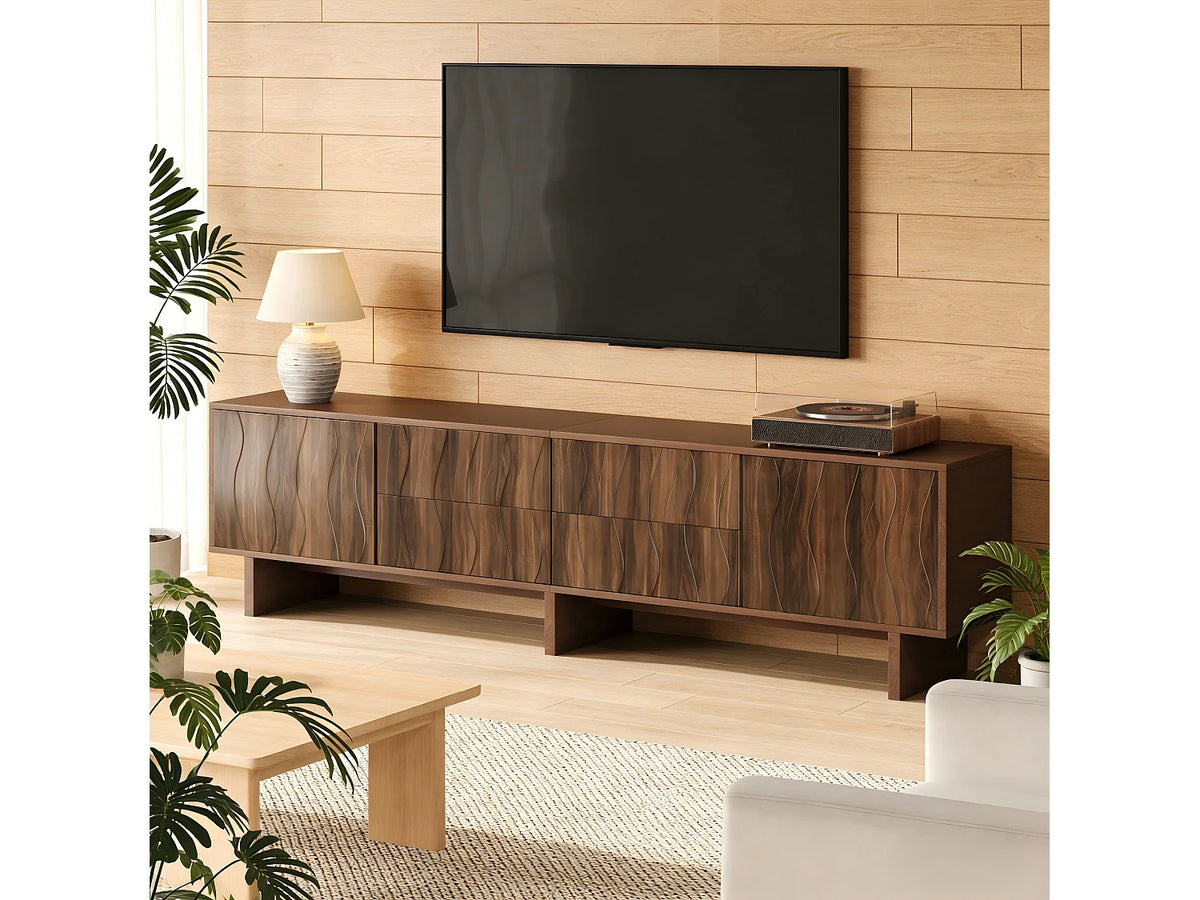 Meuble TV Japandi 4 tiroirs et 2 portes design ondulé effet noyer foncé 180 x 56 cm