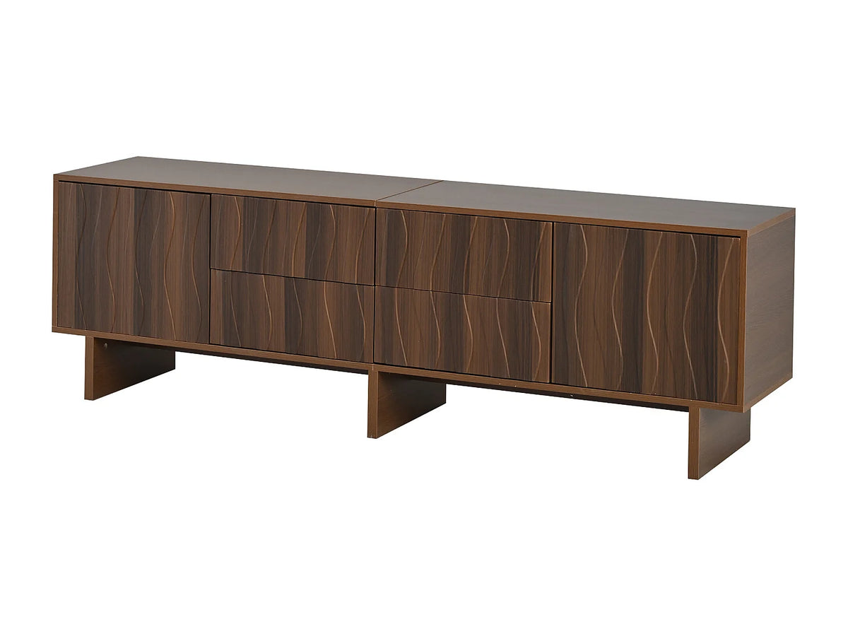 Meuble TV Japandi 4 tiroirs et 2 portes design ondulé effet noyer foncé 180 x 56 cm