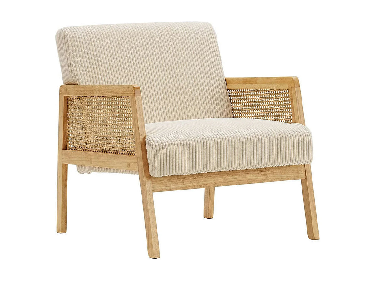Fauteuil Japandi en cannage et velours côtelé beige - Mani