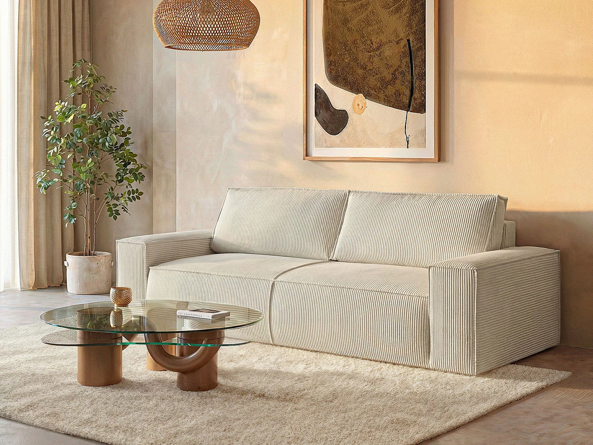 Canapé Japandi 4 places convertible en velours côtelé beige 257 cm - Amelia