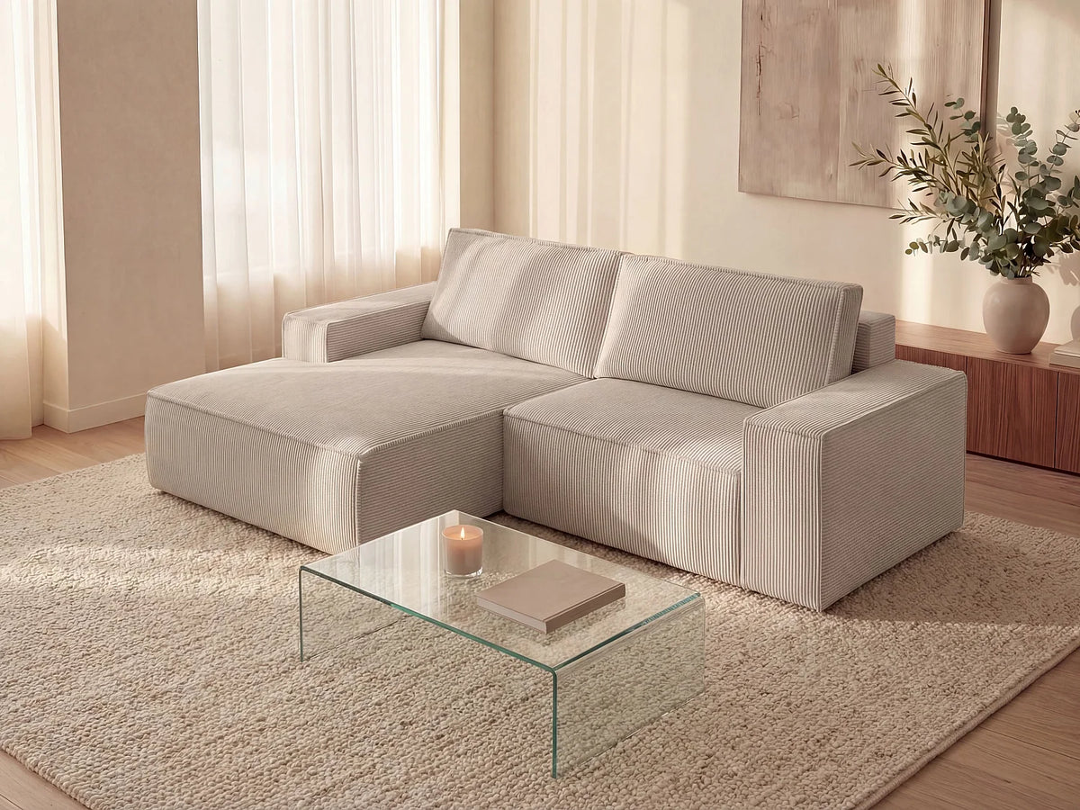 Petit canapé d'angle Japandi gauche convertible en velours côtelé beige 240 cm - Amelia