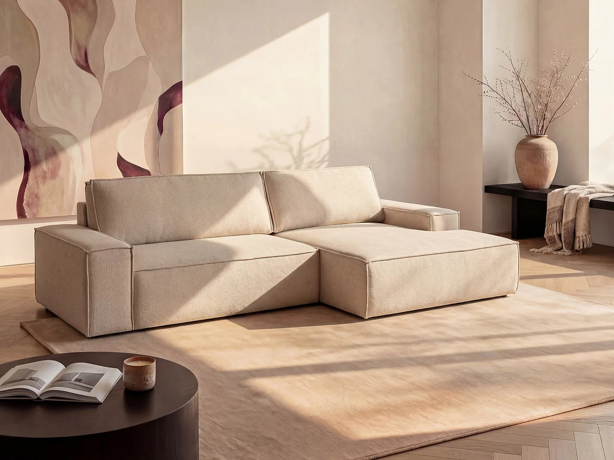 Canapé d'angle Japandi droit convertible en tissu texturé beige 267 cm - Amelia