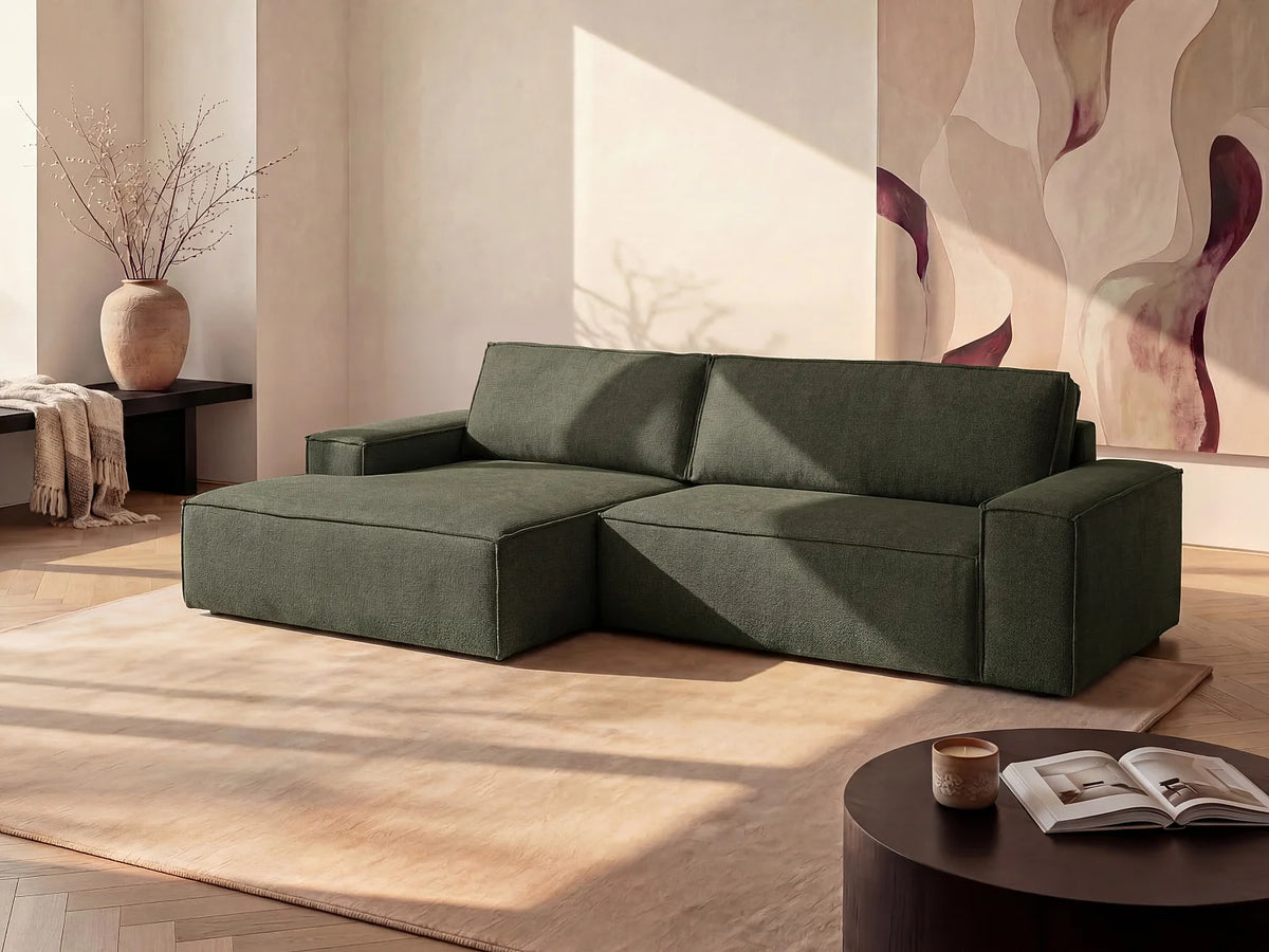 Canapé d'angle Japandi gauche convertible en tissu texturé vert 267 cm - Amelia